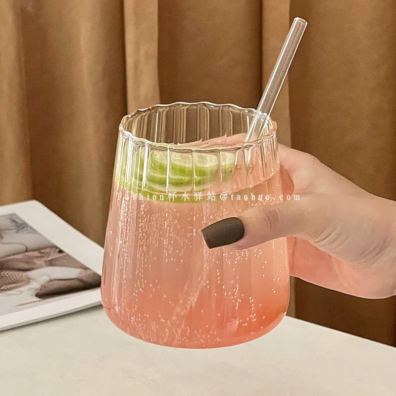 ins小众条纹玻璃水果茶杯简约苏打水气泡水玻璃杯饮料喝水杯子