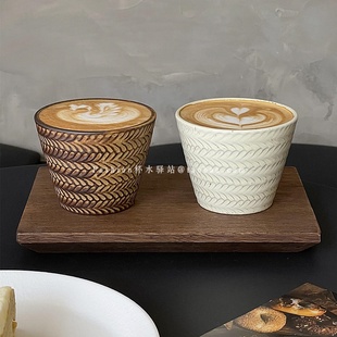 复古法式麦穗纹陶瓷手握杯咖啡杯ins下午茶宽口拿铁拉花杯猪口杯