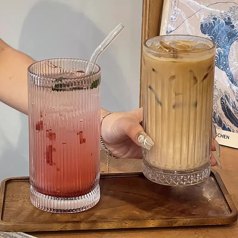 竖条纹玻璃杯夏季气泡水杯果汁杯