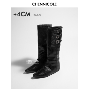 靴长靴尖头骑士靴 两穿皱褶时装 CHENNICOLE陳妮可 靴子4cm内增高版
