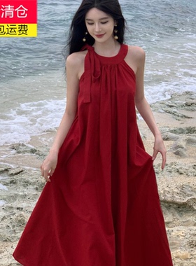 法式度假风无袖挂脖红色连衣裙女夏季云南三亚海边度假氛围感长裙