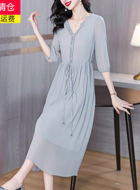 大牌真丝连衣裙女2025夏季新款高端精致桑蚕丝中年妈妈收腰长裙子