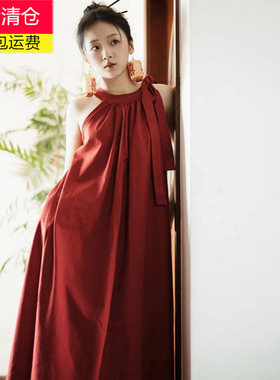 特价清仓垂坠感绝美红色独特挂脖连衣裙超好看法式初恋奶甜长裙女