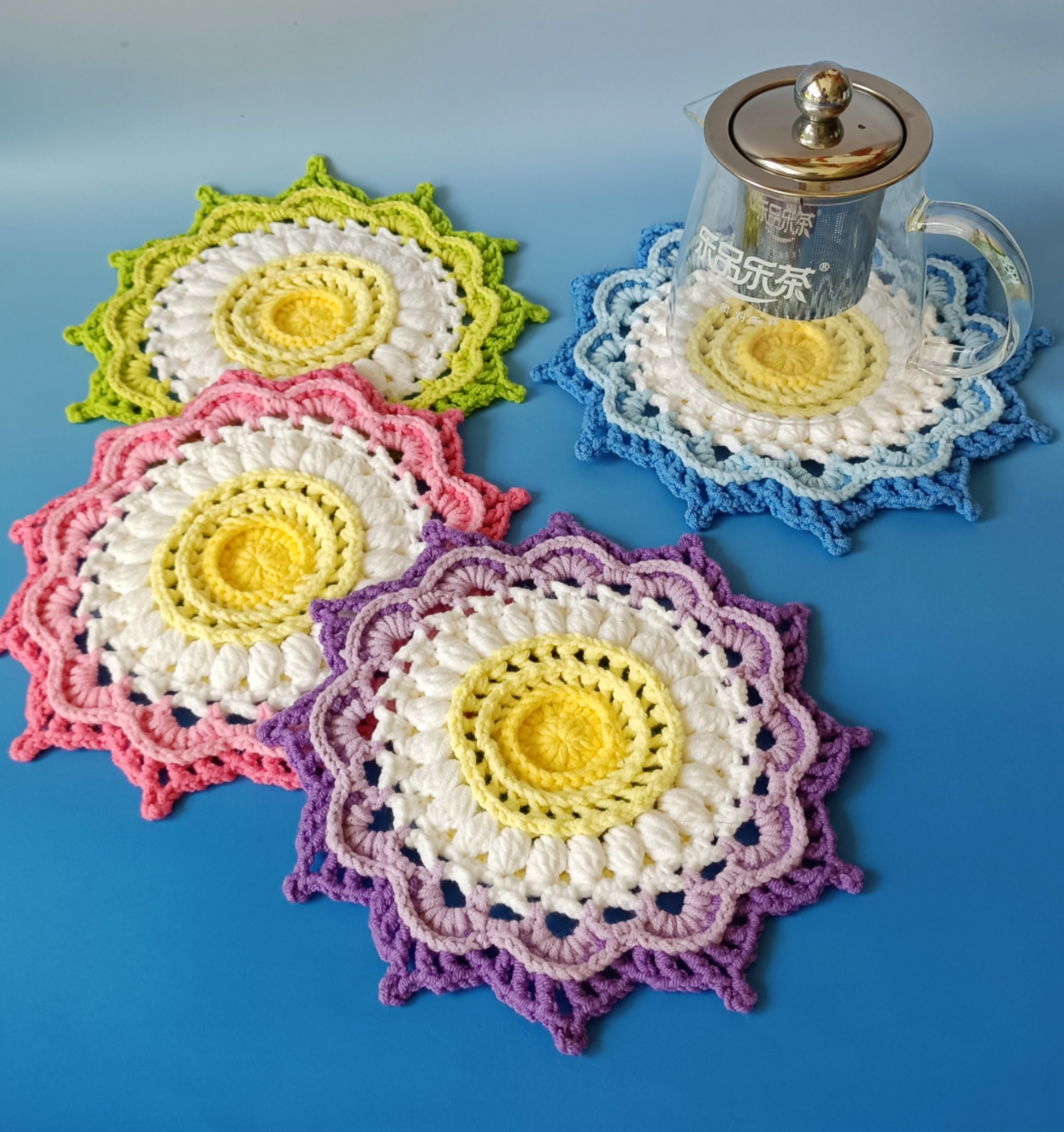 [成品]纯手工钩针编织水杯垫奶呼呼花片隔热圆形餐垫茶壶垫满包邮