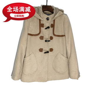 古着vintage 日韩学院风时尚牛角扣大衣连帽毛呢气质女装上衣外套