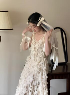 Wt重工镂空珍珠婚纱仙气晨袍女新娘领证订婚聚会敬酒礼服连衣裙
