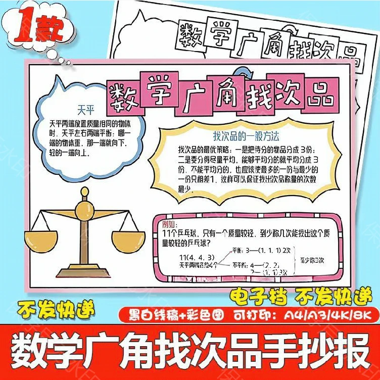 五年级下册数学广角找次品手抄报模板电子版数学思维导图小报线稿