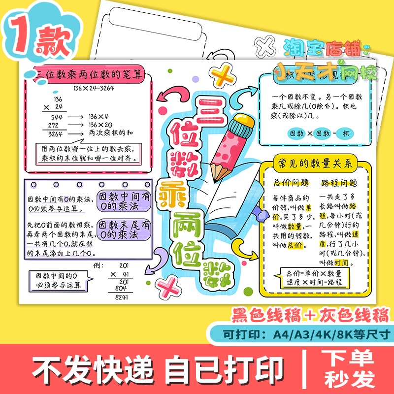 三位数乘两位数手抄报电子模板数学四年级上册四单元思维导图c072