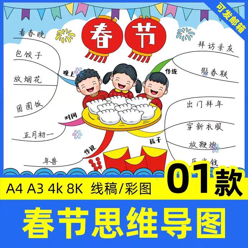新年春节思维导图手抄报小学生传统文化习俗节日线稿电子小报a3a4