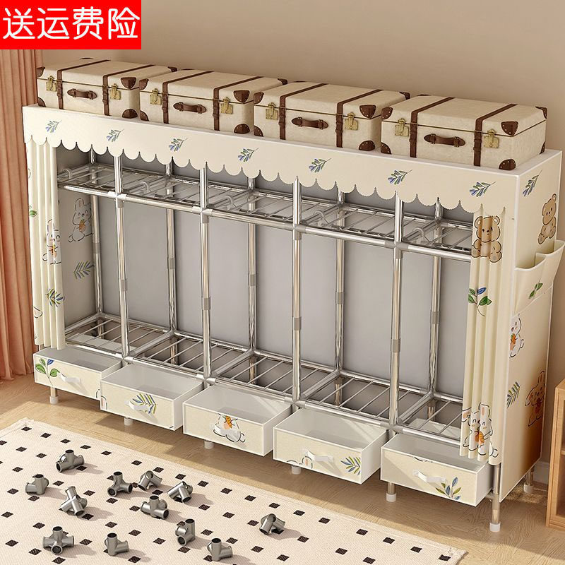 带抽屉简易布衣柜钢管加粗加厚钢架防尘布艺挂衣橱家用卧室出租房