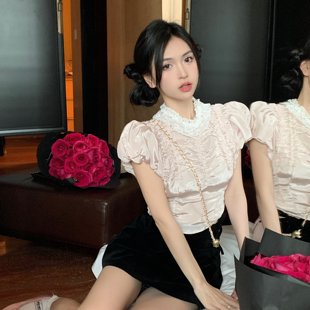 小衫 真丝宫廷袖 蕾丝领胸衣泡泡袖 上衣 修身 少女 实拍实价 香气