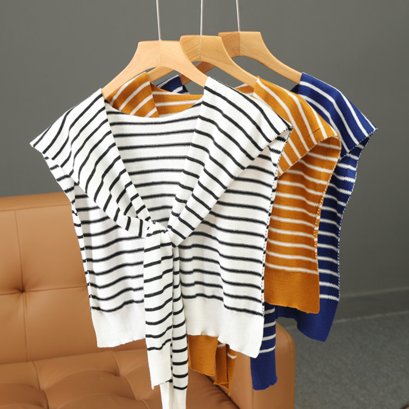 春夏羊绒毛线外搭条纹小披肩针织打结薄款围巾女护颈围脖护肩百搭