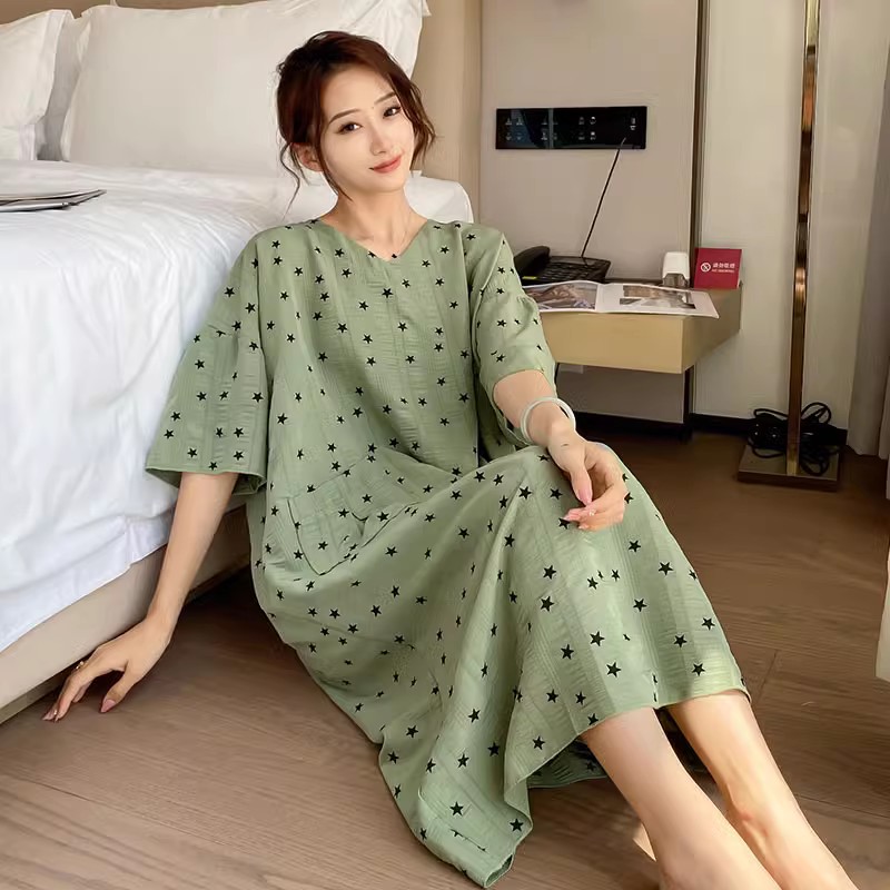胖mm睡裙夏季女款大码纯棉短袖中长款泡泡棉睡衣宽松家居裙200斤