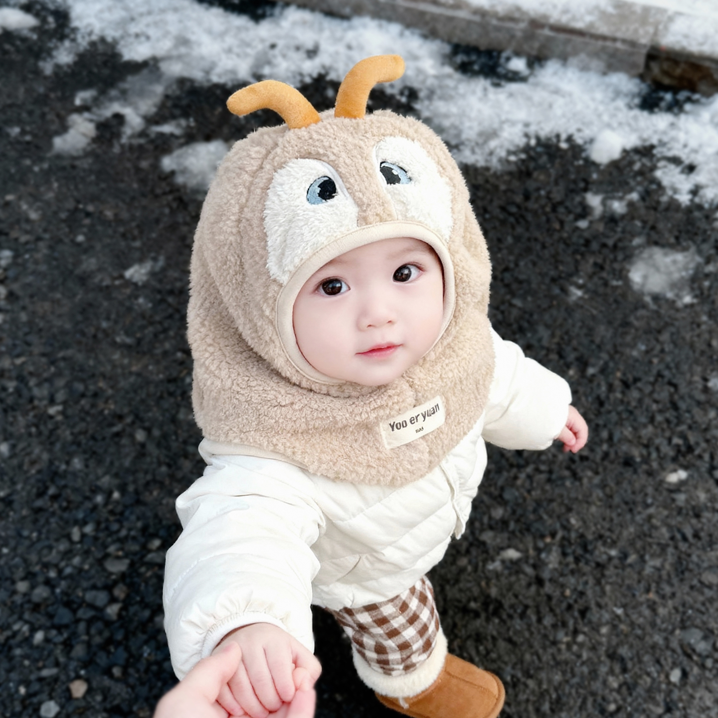 宝宝可爱帽子围脖一体帽秋冬季保暖加厚防风毛绒帽男女儿童护耳帽