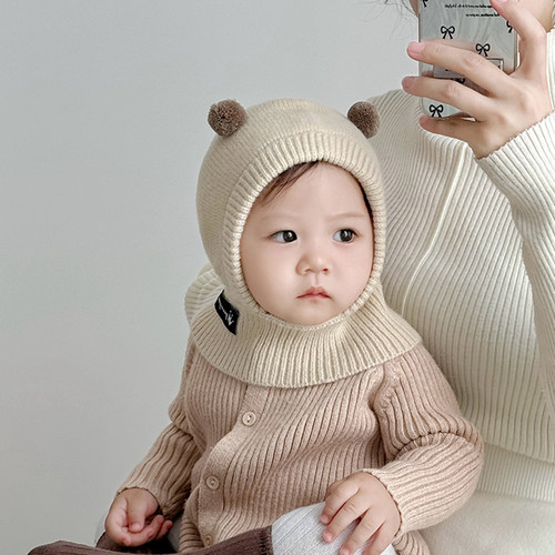 宝宝帽子围巾一体帽秋冬季保暖防风针织拉法帽男女童护脖毛线帽韩