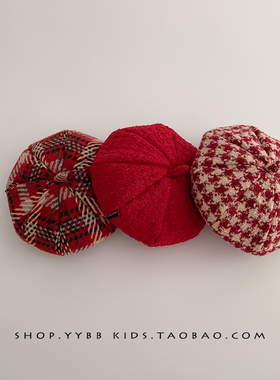 韩系红色喜庆儿童帽子秋冬季遮阳防风贝雷帽女宝宝洋气潮流南瓜帽