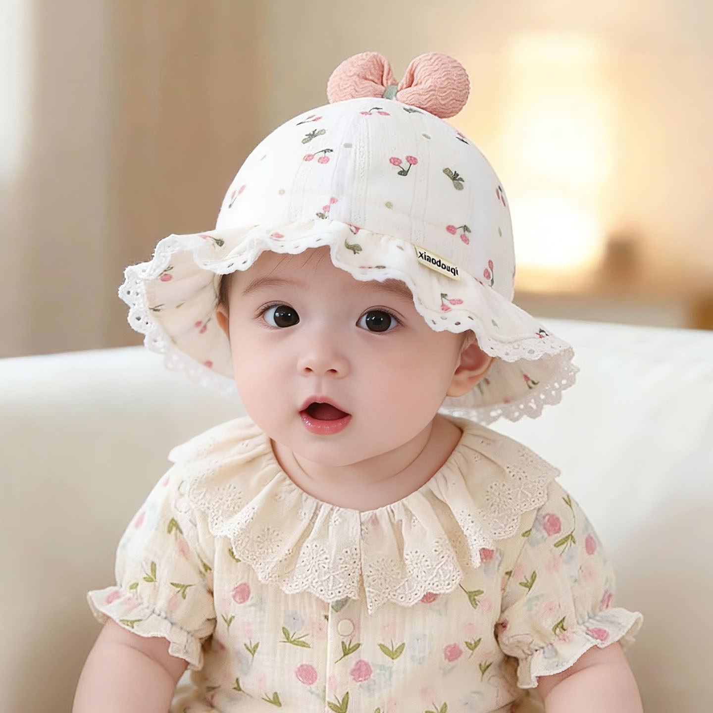 婴儿帽子春秋薄款遮阳防晒渔夫帽女宝宝小月龄甜美蝴蝶结夏季盆帽