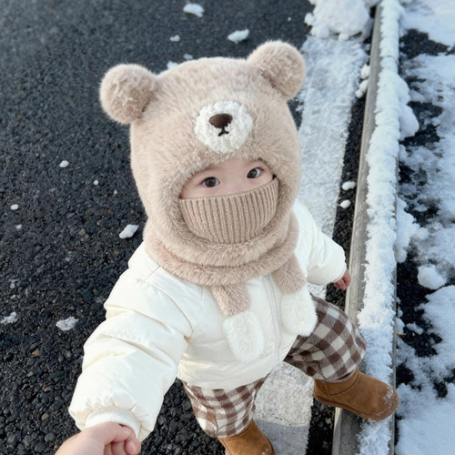 儿童帽子围脖口罩一体护耳帽秋冬季保暖毛绒帽男女宝宝防风套头帽