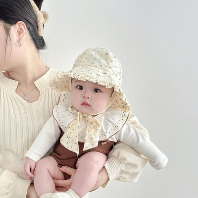 婴儿帽子春秋薄款甜美碎花大帽檐渔夫帽女宝宝小月龄纯棉遮阳帽夏