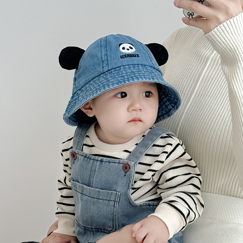 国潮风熊猫儿童帽子秋冬季保暖防风渔夫帽男女宝宝春水桶牛仔盆帽
