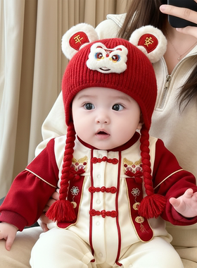 婴儿红色帽子秋冬季保暖加厚针织套头帽男童女宝宝新年喜庆毛线帽
