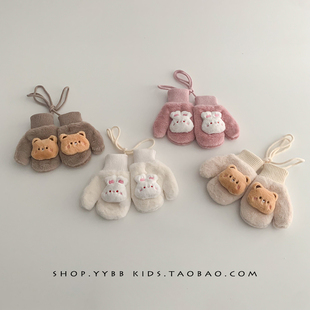 韩版可爱宝宝手套秋冬婴儿加厚保暖可爱儿童男女童连指挂脖手套潮