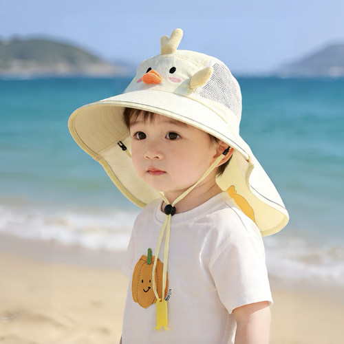 卡通儿童遮阳帽子夏季薄款大帽檐披肩渔夫帽男孩女宝宝防晒太阳帽