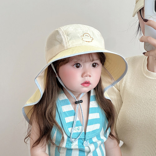 儿童遮阳帽子夏季薄款防晒大帽檐披肩帽透气网眼男女宝宝渔夫帽春