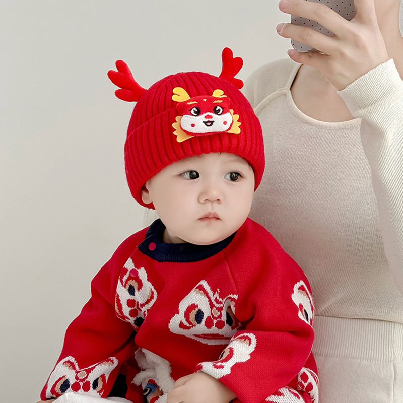 新年喜庆红色婴儿帽子秋冬季加厚保暖毛线帽男女宝宝小月龄针织帽