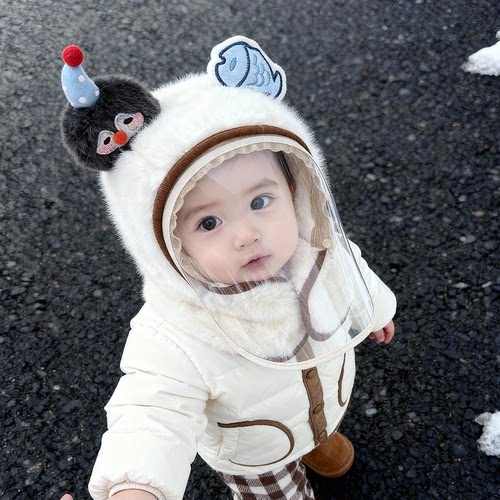 儿童帽子围脖一体帽男女宝宝秋冬季毛绒防护面罩帽保暖加厚护耳帽