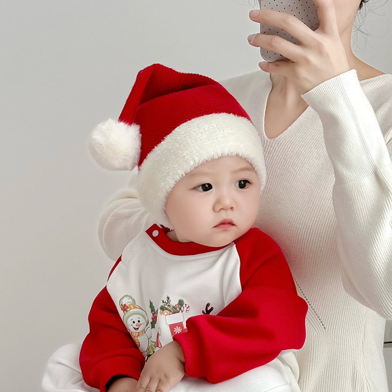 圣诞红色喜庆儿童帽子冬季保暖加厚套头帽男女宝宝针织护耳毛线帽