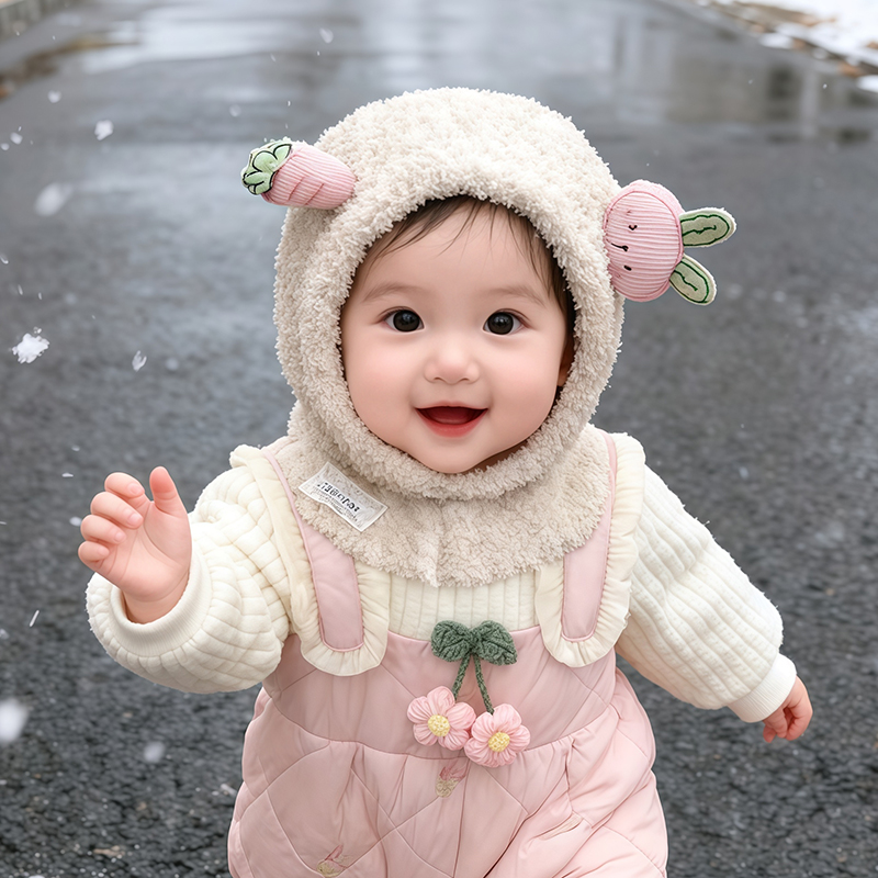 儿童帽子秋冬季一体围脖针织毛线帽女宝宝防风保暖加厚护耳毛绒帽