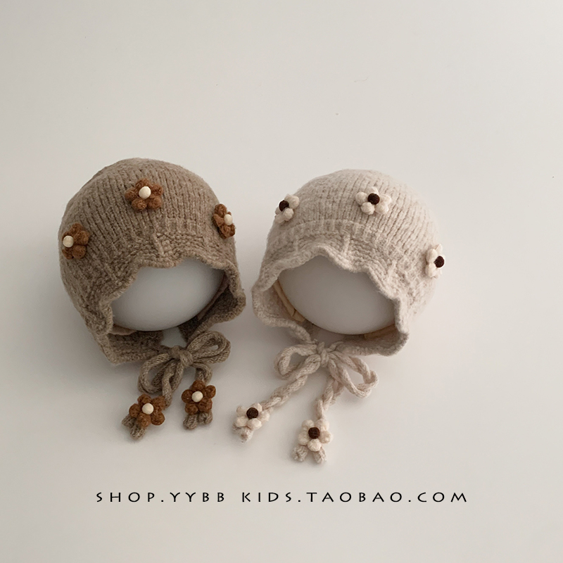儿童帽子秋冬季保暖加厚防风护耳帽女宝宝韩系花朵防风出游毛线帽