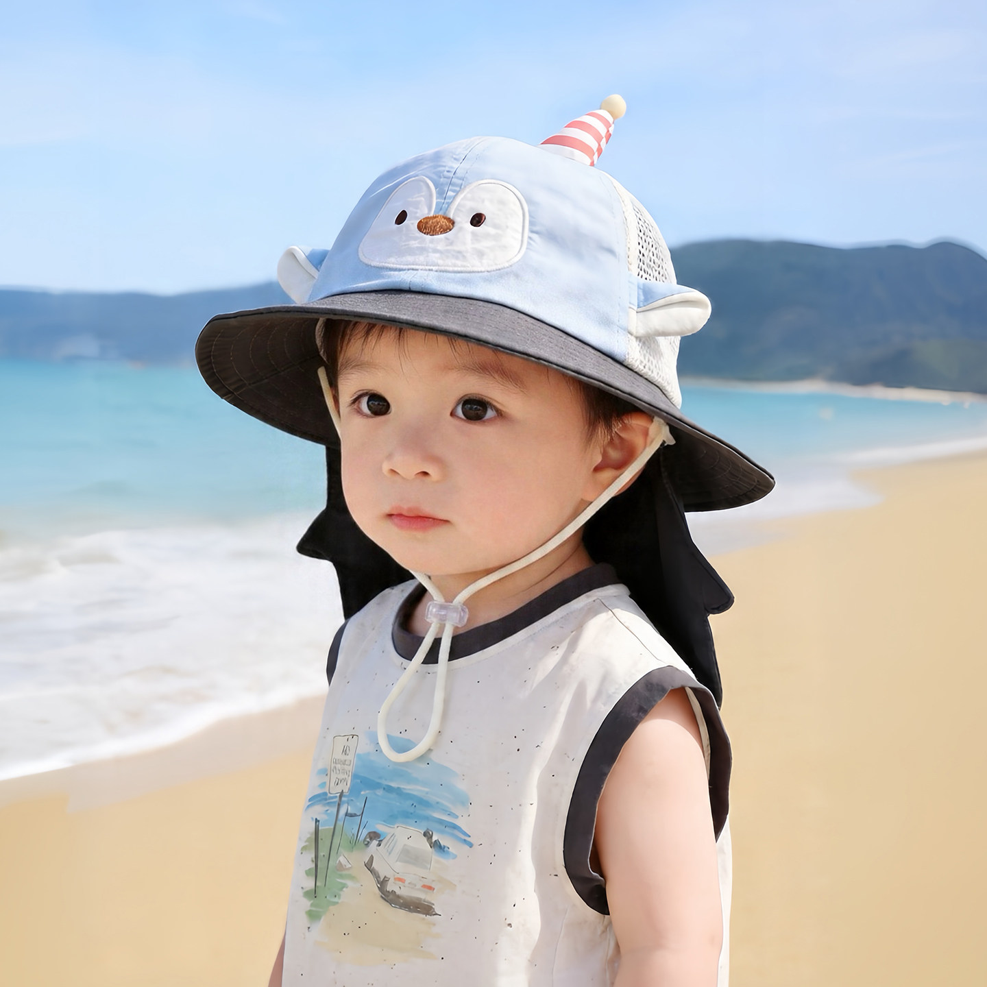 儿童卡通遮阳帽子夏季薄款大帽檐网眼披肩帽男孩女儿童防晒渔夫帽