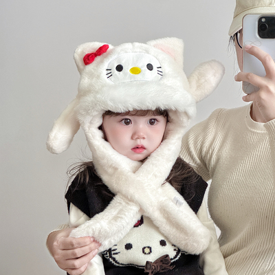 儿童帽子围巾一体耳朵会动护耳帽秋冬季保暖加厚可爱毛绒两件套帽
