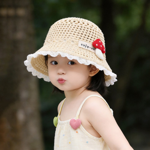 儿童帽子夏季薄款透气编织草帽女宝宝遮阳防晒可爱卡通沙滩渔夫帽