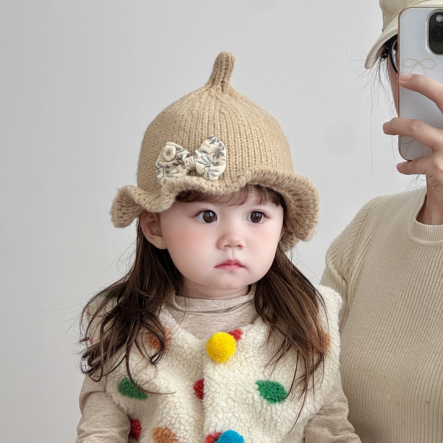 韩系碎花婴儿帽子秋冬季保暖加厚防风渔夫毛线帽女宝宝小月龄盆帽