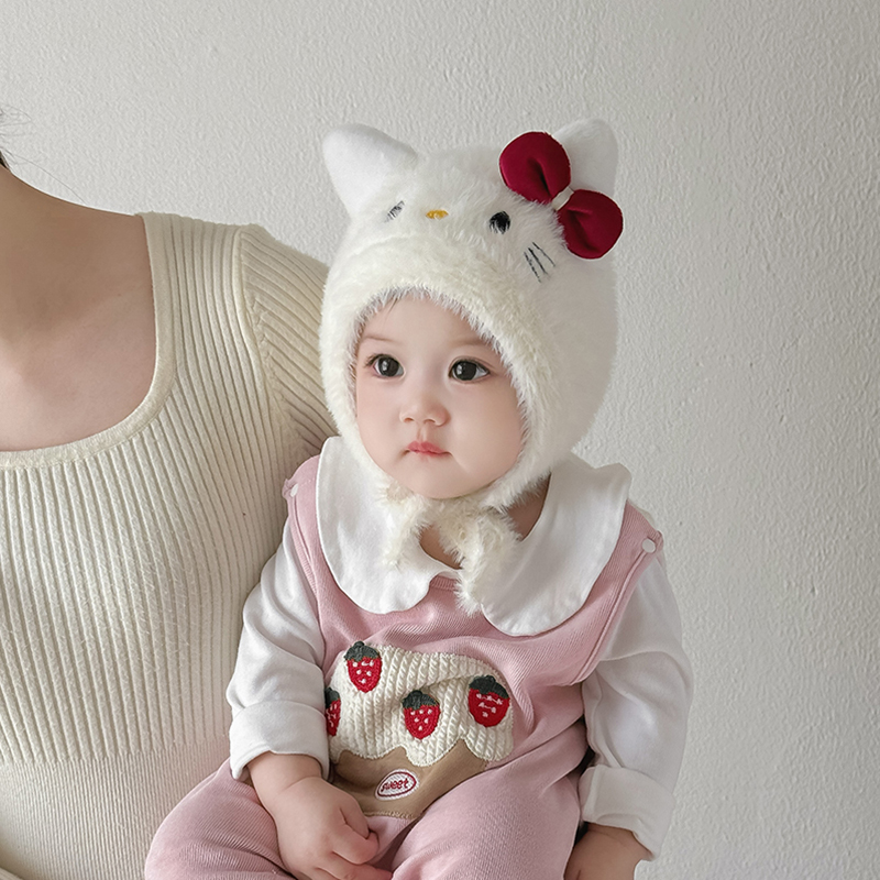 婴幼儿帽子秋冬季可爱保暖加厚毛绒护耳帽女宝宝小月龄防风毛线帽