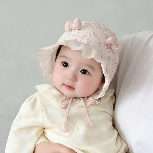 婴儿小月龄帽子春秋薄款遮阳宫廷帽女宝宝小月龄可爱花朵夏季胎帽