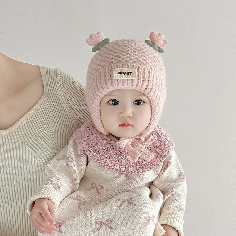 韩版女婴儿帽子秋冬季保暖加厚针织护耳帽女宝宝小月龄防风毛线帽