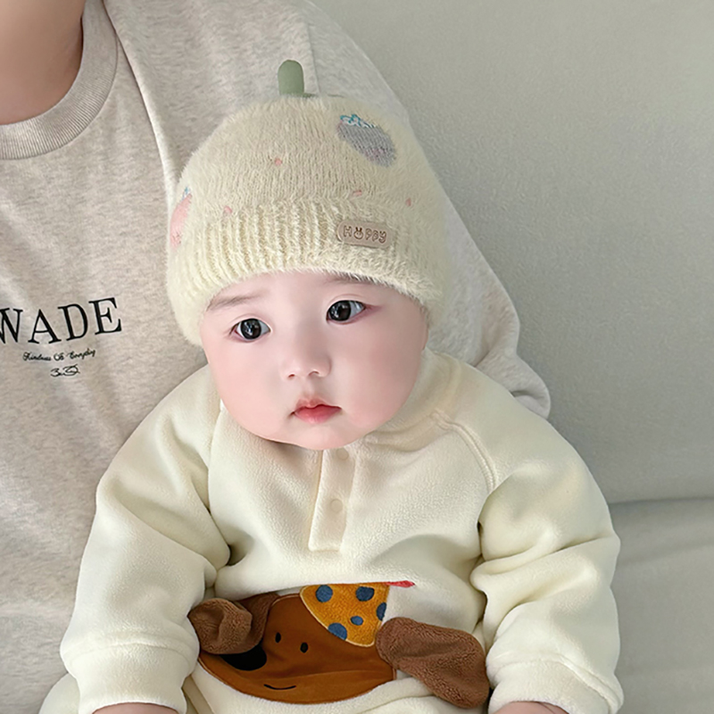 婴儿帽子秋冬季保暖加厚针织毛绒帽男女宝宝小月龄胎帽护耳毛线帽