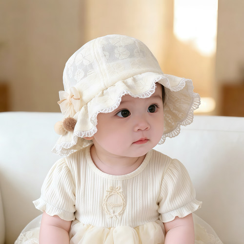 婴幼儿甜美公主帽子春秋薄款遮阳防晒渔夫帽女宝宝小月龄盆帽夏天