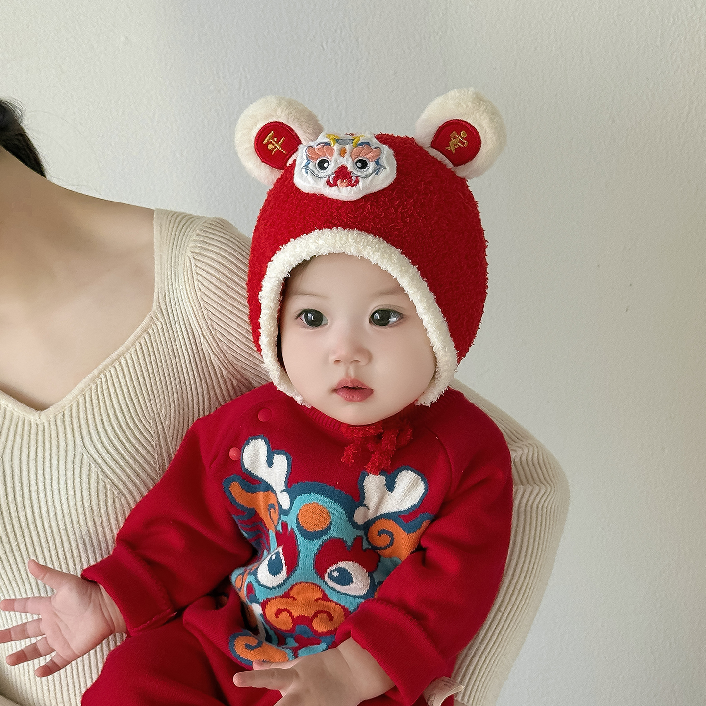 宝宝红色帽子秋冬季保暖加厚针织护耳帽男婴女儿童新年防风毛绒帽