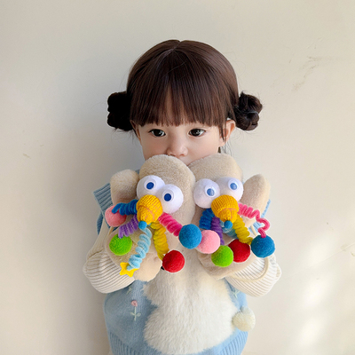 ins可爱搞怪童趣儿童手套保暖加绒挂脖连指手套骑车男女宝宝防寒