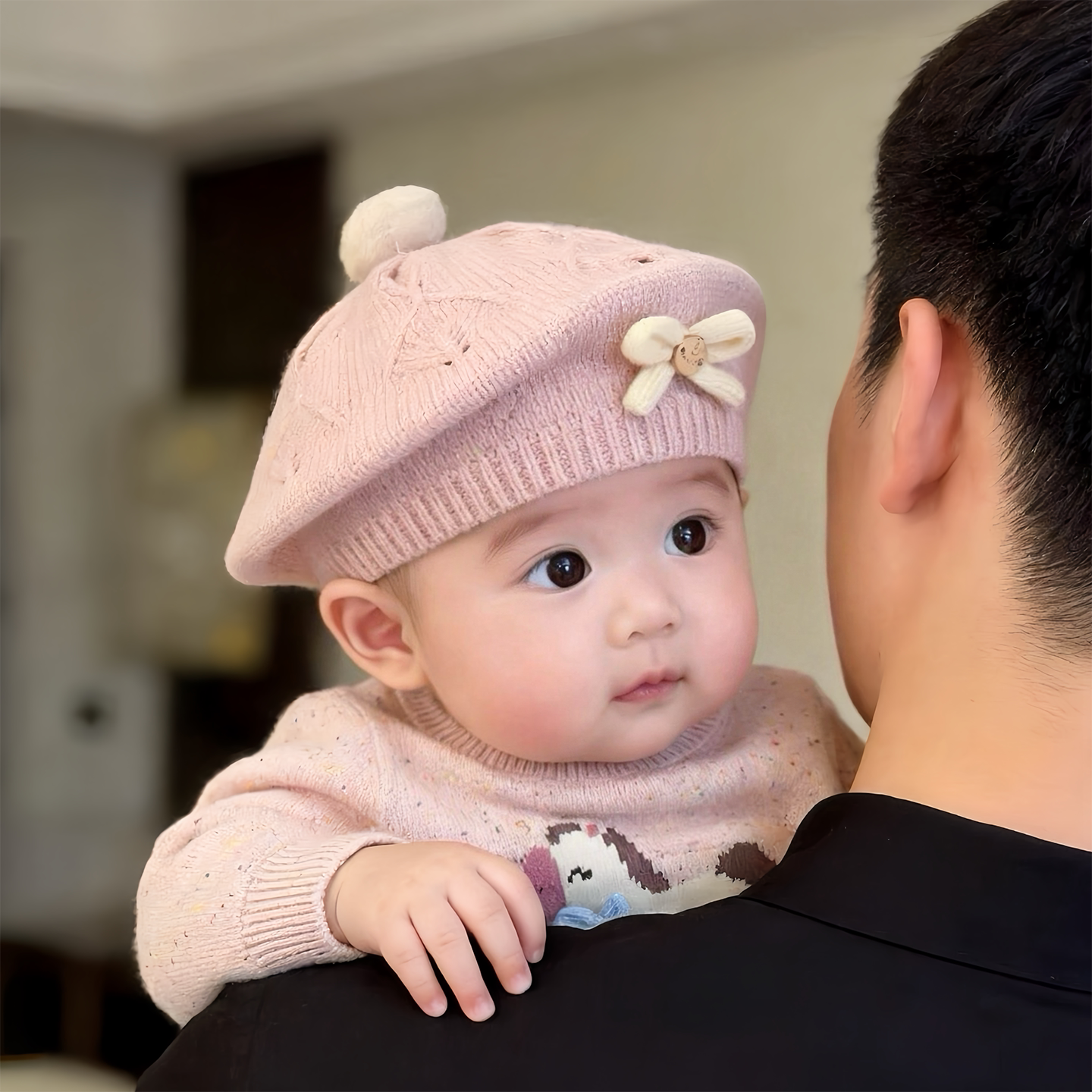 婴儿帽子秋冬款保暖针织防风贝雷帽女宝宝小月龄公主蝴蝶结毛线帽图片