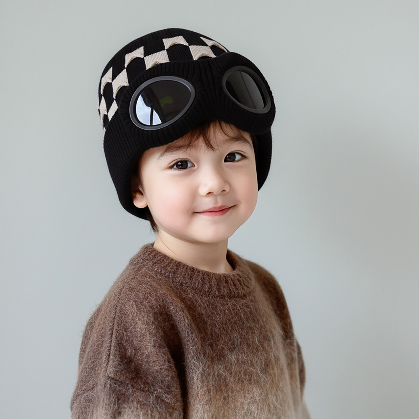 儿童帽子秋冬季保暖加厚针织套头帽男女宝宝带眼镜飞行滑雪毛线帽
