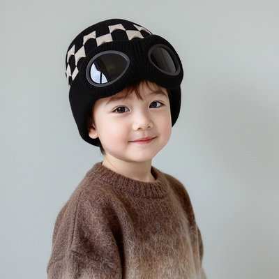 儿童帽子秋冬季保暖加厚针织套头帽男女宝宝带眼镜飞行滑雪毛线帽