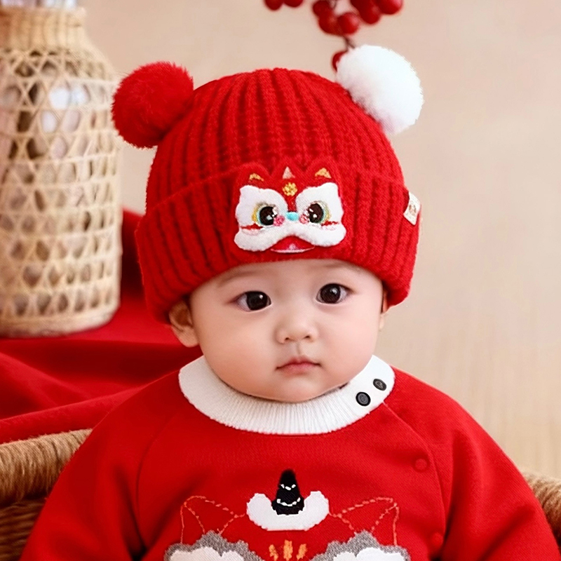 婴幼儿红色帽子秋冬季保暖加厚针织套头帽男女宝宝喜庆新年毛线帽