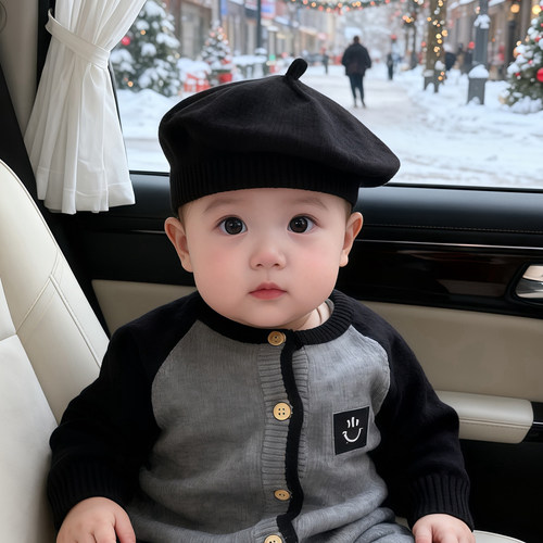ins婴儿帽子秋冬季加厚保暖毛线贝雷帽男女宝宝小月龄针织南瓜帽