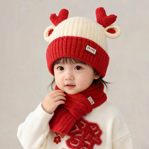儿童帽子秋冬季保暖加厚围巾两件套男女宝宝可爱红色防风毛线帽潮